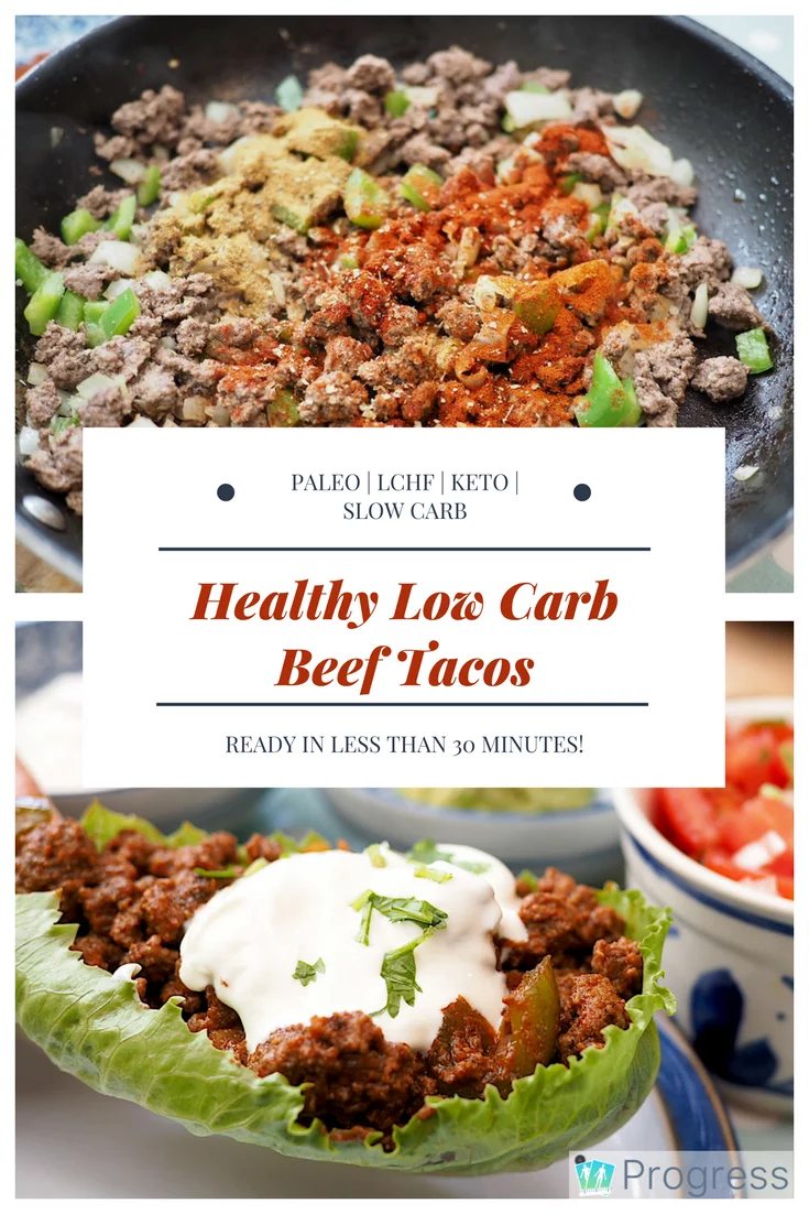 Looking for a quick low carb dinner? Try these healthy low carb beef tacos - ready in 30 minutes and easily adaptable for slow carb, keto, paleo and LCHF. Oh, and there's recipes for guac and salsa too. Make these for your next Taco Tuesday!