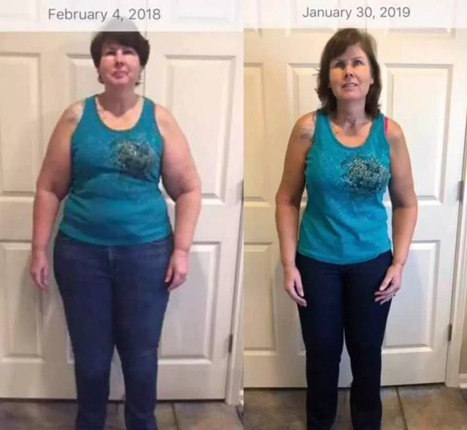 Jacque, front picture before and after 80 lbs weight loss