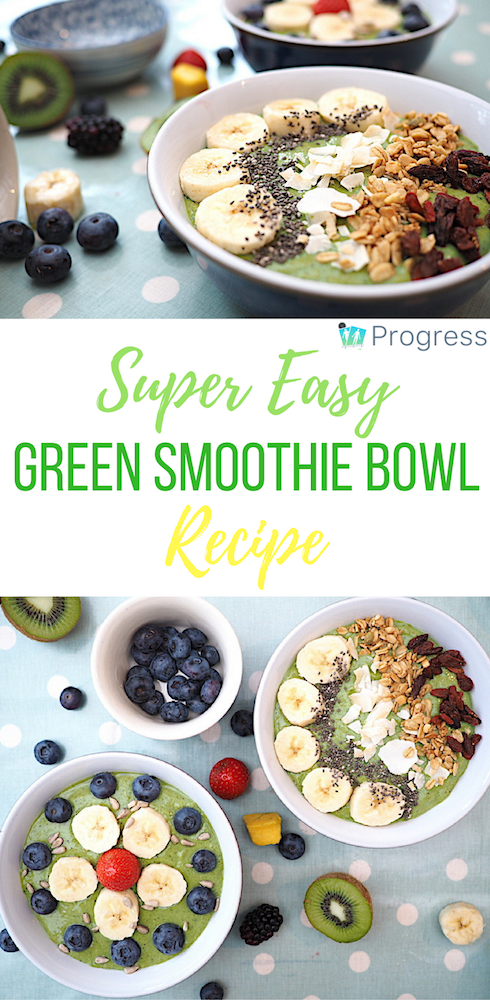 This green smoothie bowl recipe is packed with vitamins and provides a healthy breakfast you can whip up in a flash! YUM! #breakfast #smoothie #smoothiebowl #healthy