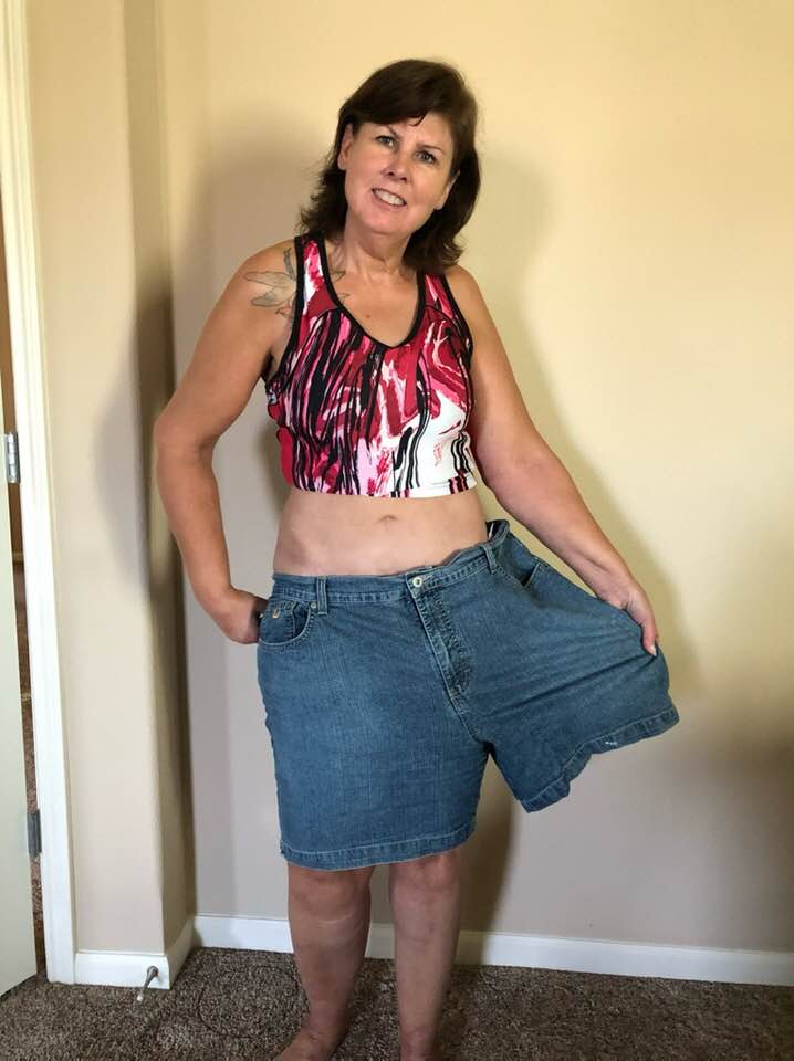 Close to 80 lbs lost, Jacque tried some old shorts.