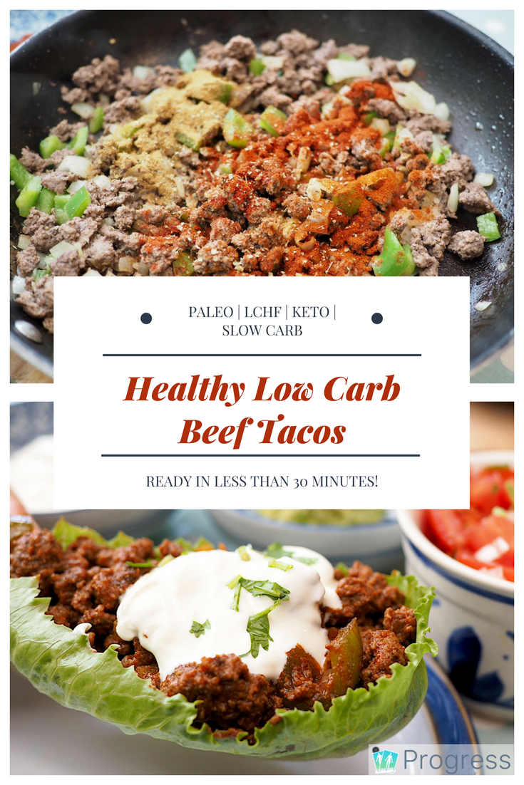 Looking for a quick low carb dinner? Try these healthy low carb beef tacos - ready in 30 minutes and easily adaptable for slow carb, keto, paleo and LCHF. Oh, and there&rsquo;s recipes for guac and salsa too. Make these for your next Taco Tuesday!