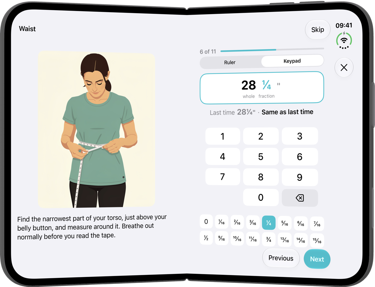 Adding a waist measurement on an iPhone Duo, with an illustrated how-to-measure guide on the left and the keypad on the right