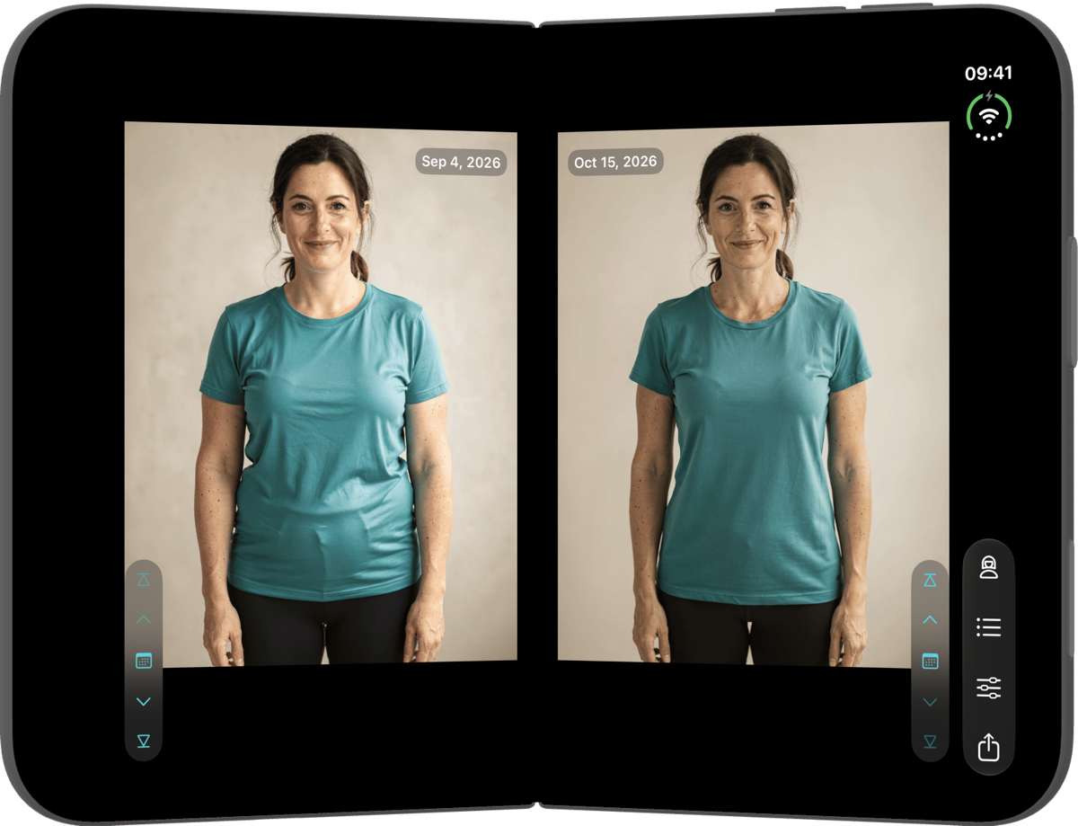 Photo compare on an iPhone Duo, with a before photo from September and an after photo from October either side of the fold