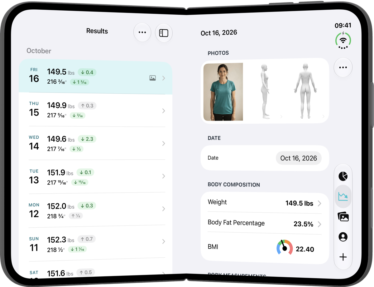 The Results tab on an iPhone Duo, with entries listed on the left and the selected entry’s photos and measurements on the right