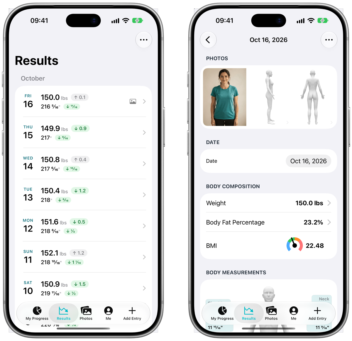 The Results list in Progress on iPhone, with each entry&rsquo;s weight and total measurements and a green pill for each drop, next to an open entry