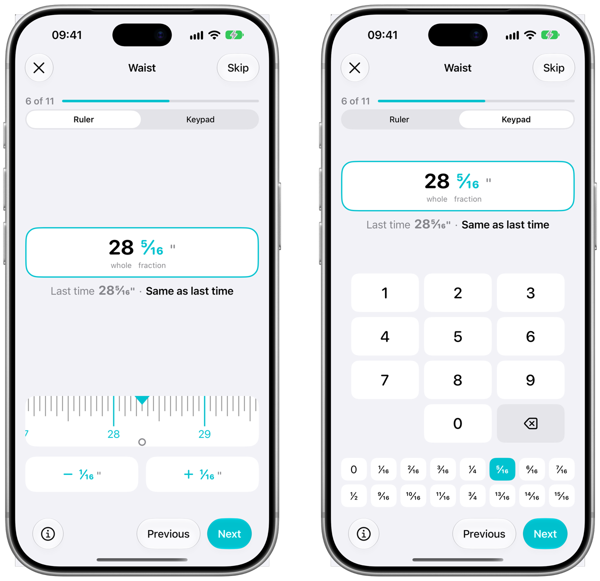 The waist step in Progress on iPhone, in Ruler mode on the left and Keypad mode on the right, each showing last time&rsquo;s measurement